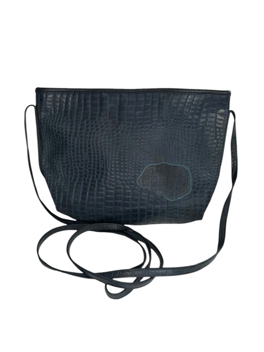 Carlos Falchi Vintage Genuine Leather Crock Embossed Textured Blue Crossbody Bag